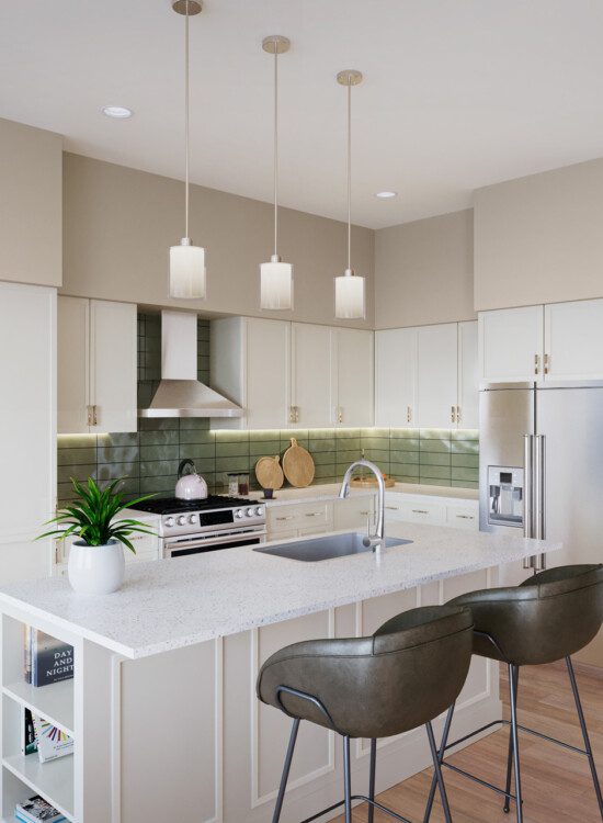 spacious, open-concept kitchen with island seating in senior apartment at Oak Trace Senior Living Community